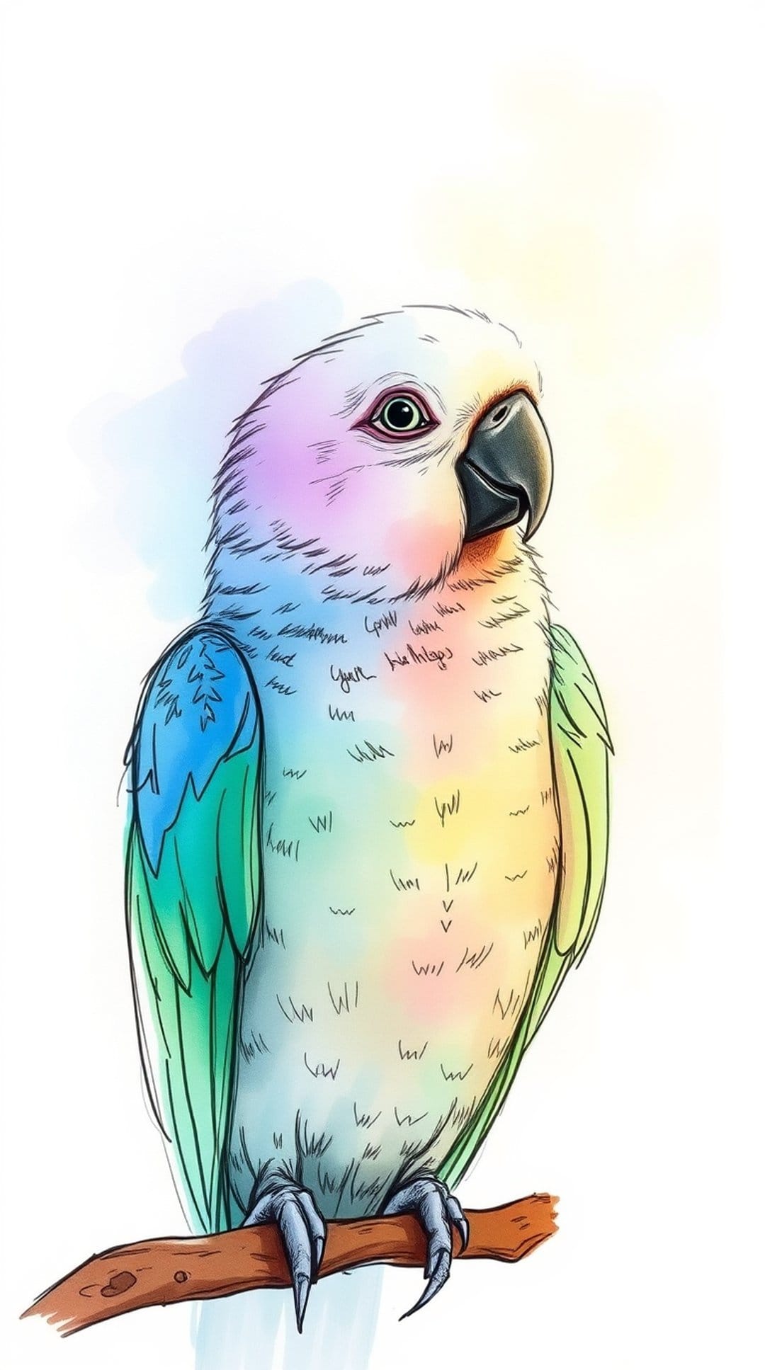 Rainbow parrot with pastel feathers perches on a wooden branch against a soft white watercolor background.