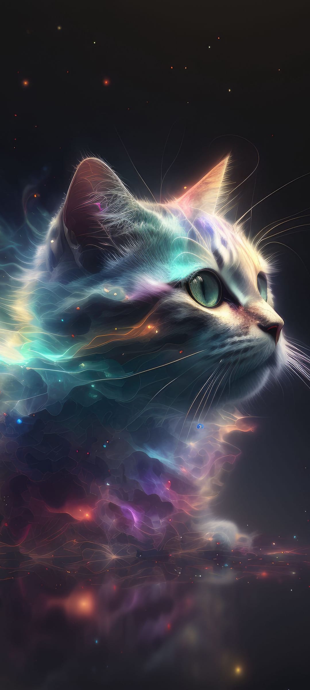 Celestial cat with nebula-patterned fur and bright green eyes sits amidst glowing stars and purple space dust.