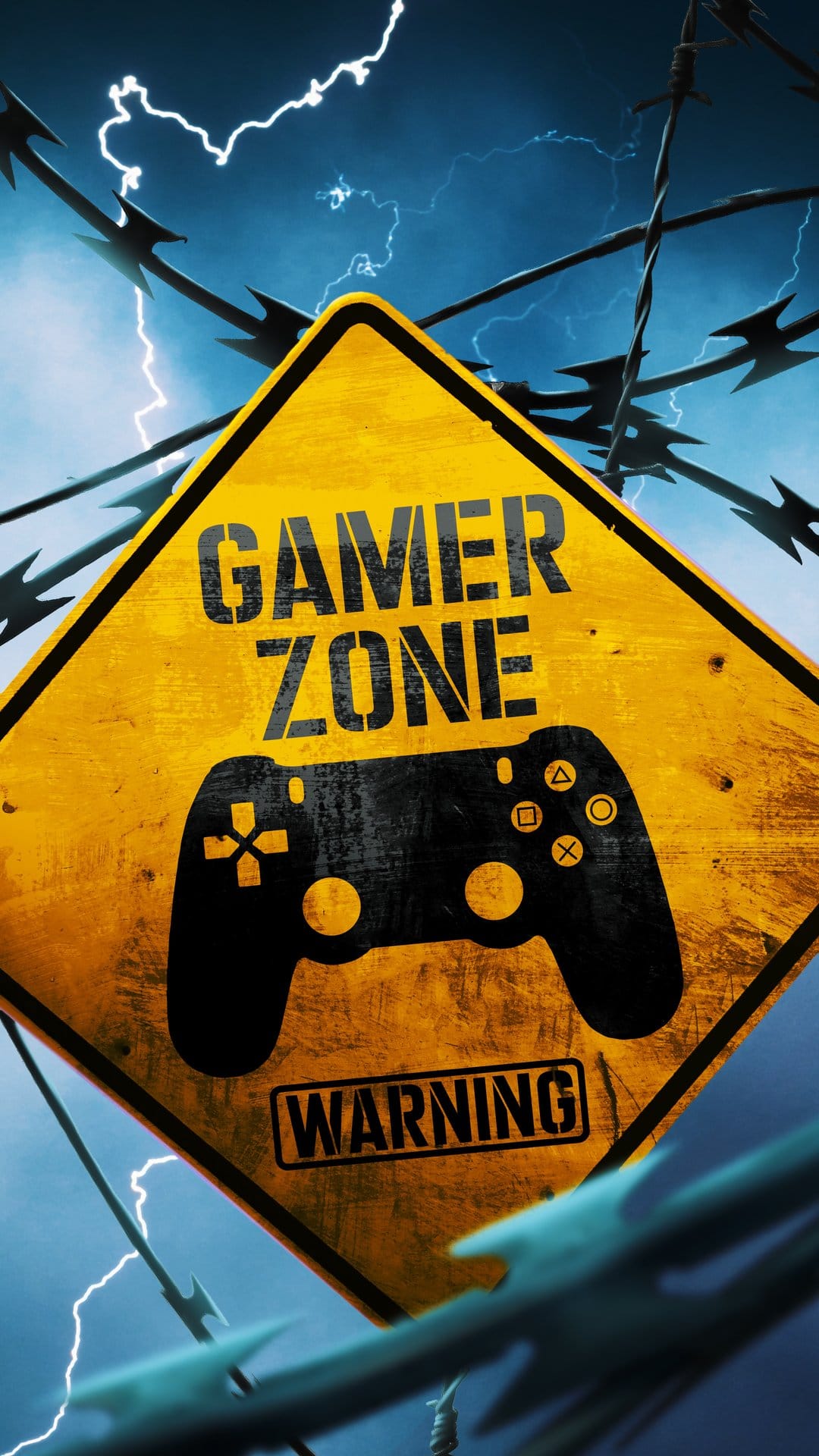 Gamer zone warning sign with a controller silhouette, lightning strikes, and coiled barbed wire in a dark sky.