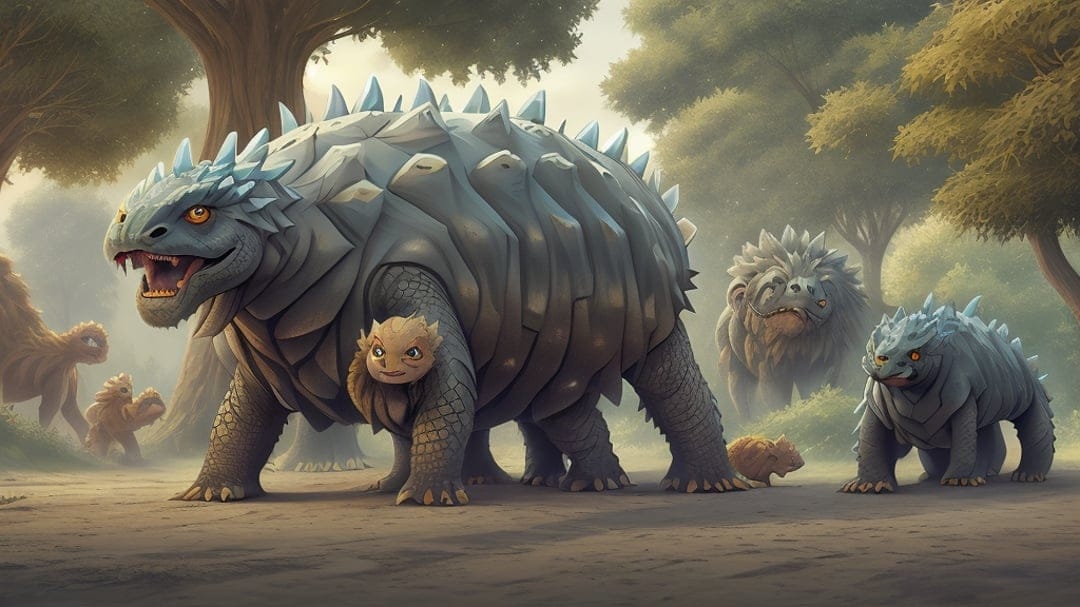Large armored dinosaur with blue spikes carries a small juvenile on its back through a foggy prehistoric forest.