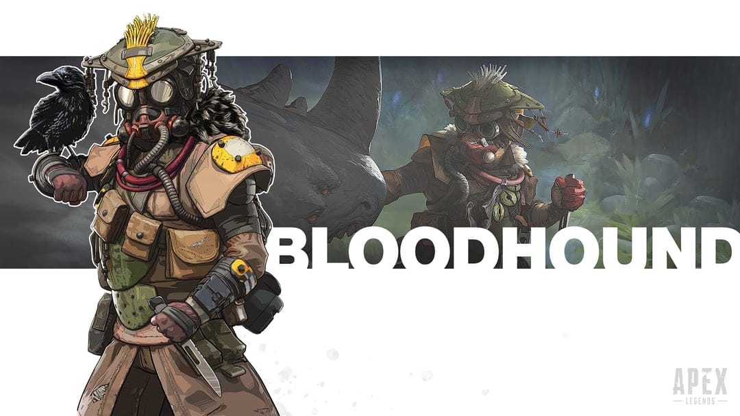 Bloodhound hunter in tactical gear holding a raven and knife with bold text on a dark landscape background.