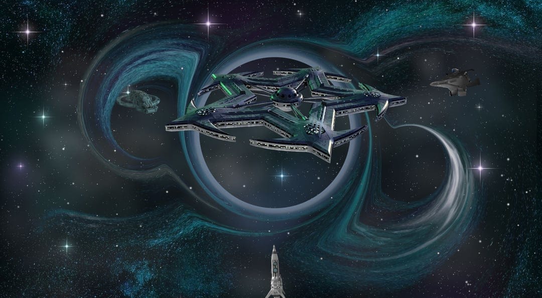 Futuristic spacecraft orbit a dark event horizon against a swirling blue and green luminous wormhole.
