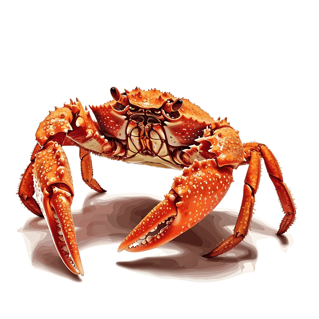 Whole steamed crab with vibrant orange shell and segmented claws on a black background in a studio setting.