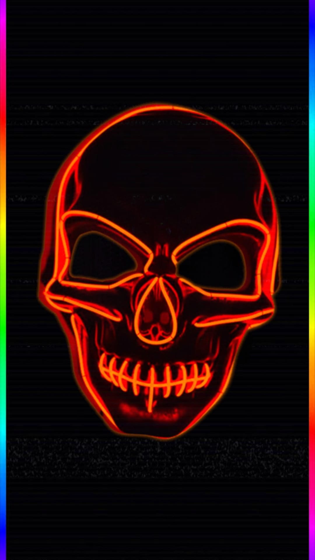 Glowing red skull mask with stitched mouth centered between two vertical rainbow light borders on a dark background.