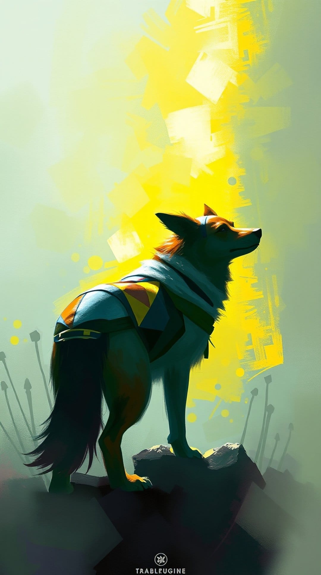 Majestic wolf in a geometric patterned cloak looks upward toward a radiant yellow light on a rocky cliff.