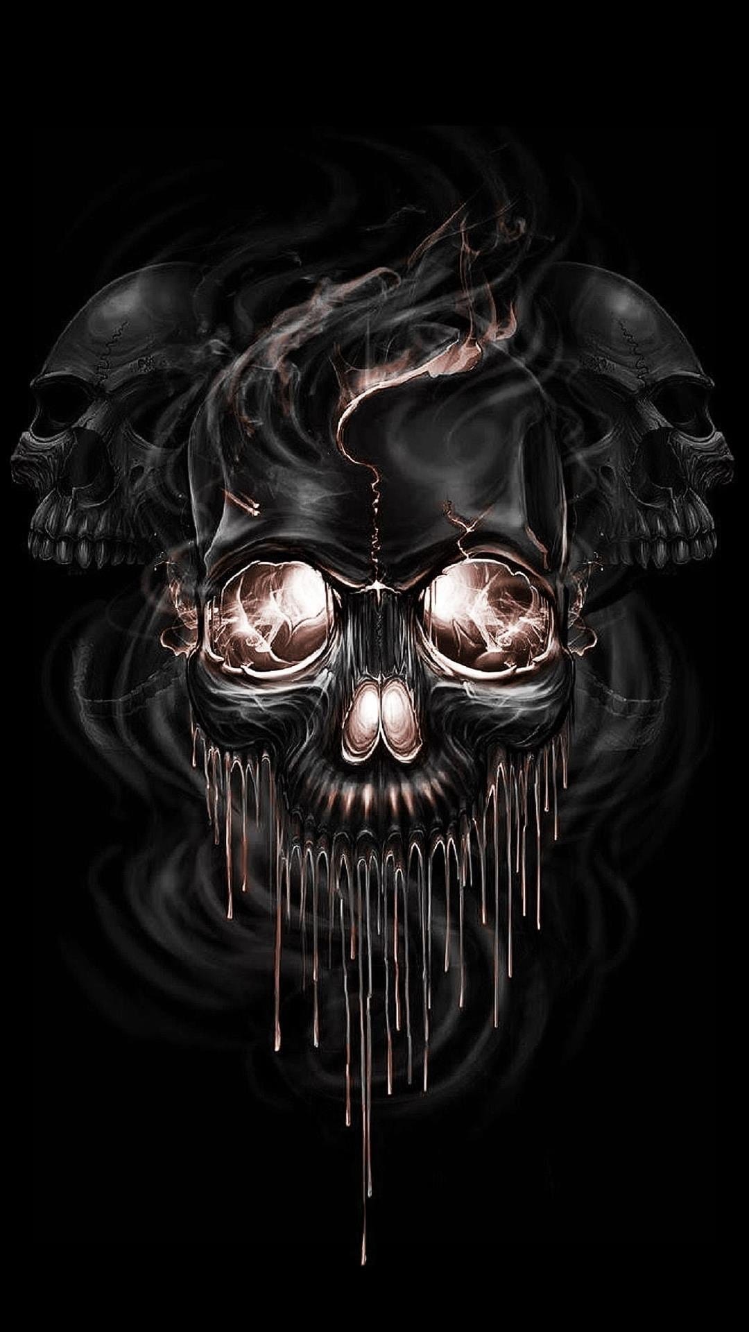 Black obsidian skulls with glowing orange eyes and molten drips emerging from thick grey smoke against a dark void.