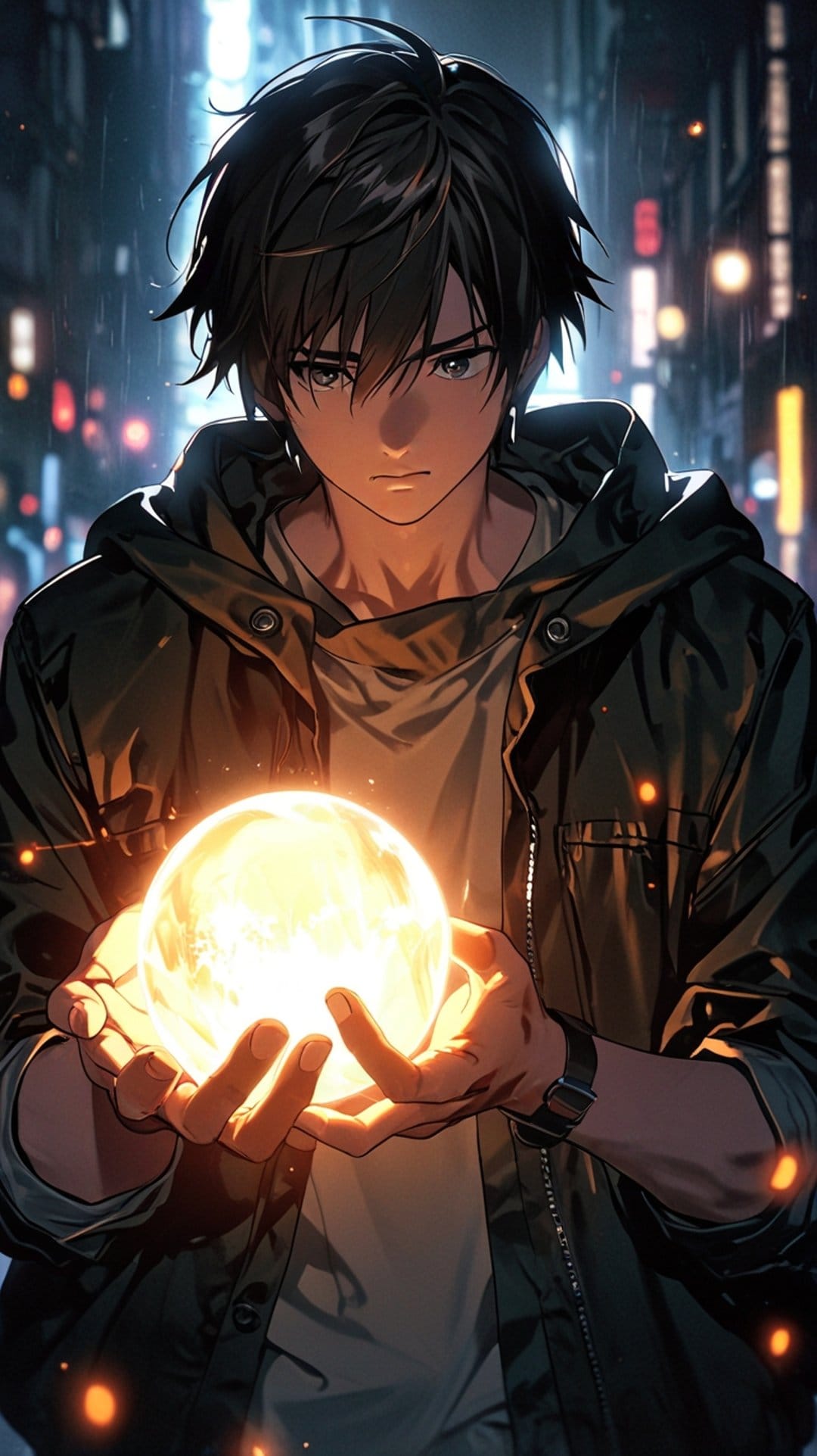 Young man with dark hair holds a glowing blue orb in his cupped hands on a rainy city street at night with bokeh.