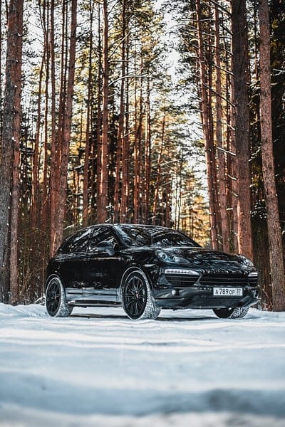 porsche, car, black, side view, forest, snow, mobile wallpaper, android wallpaper, iPhone wallpaper, phone wallpaper