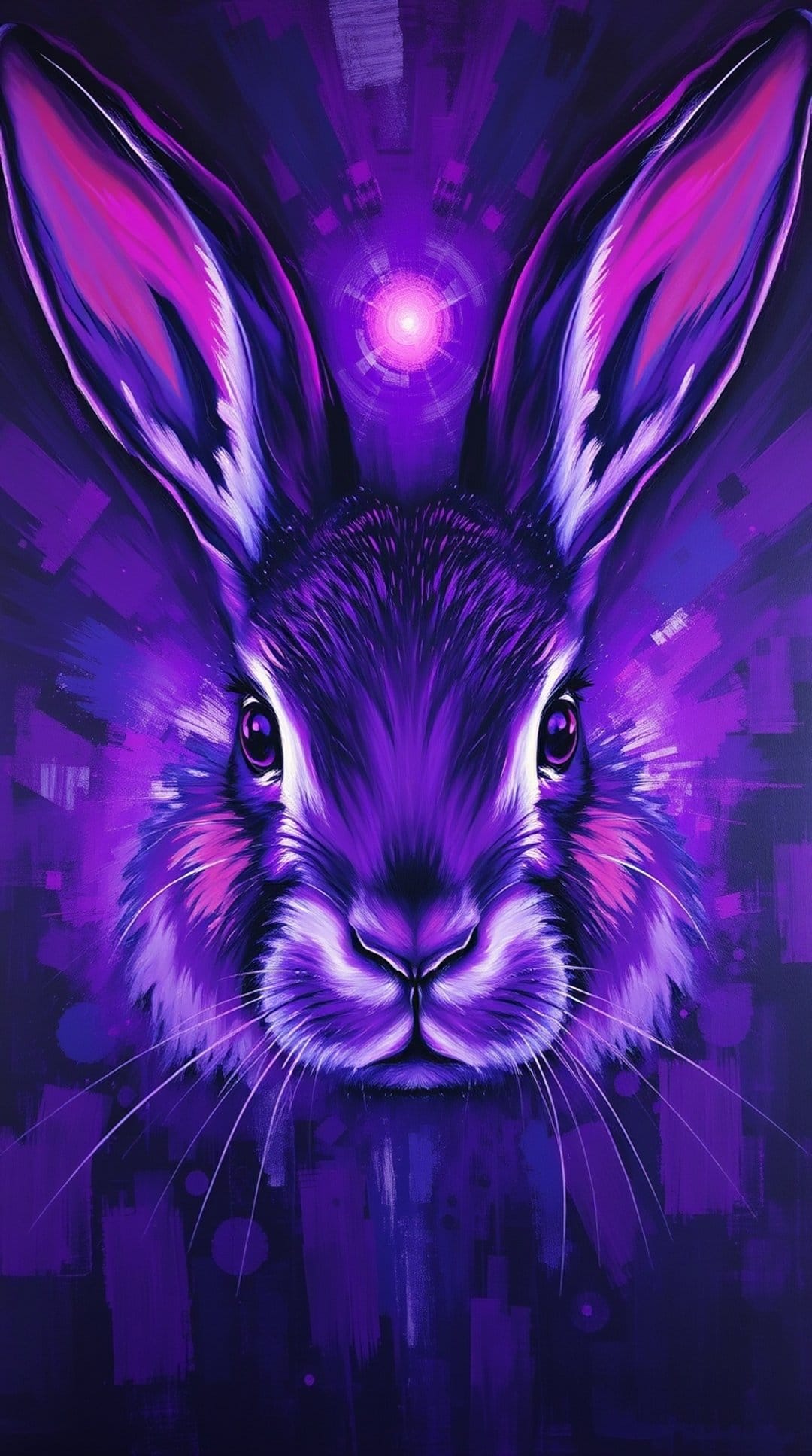 Purple rabbit with large expressive eyes and long ears illuminated by a glowing halo against an abstract backdrop.