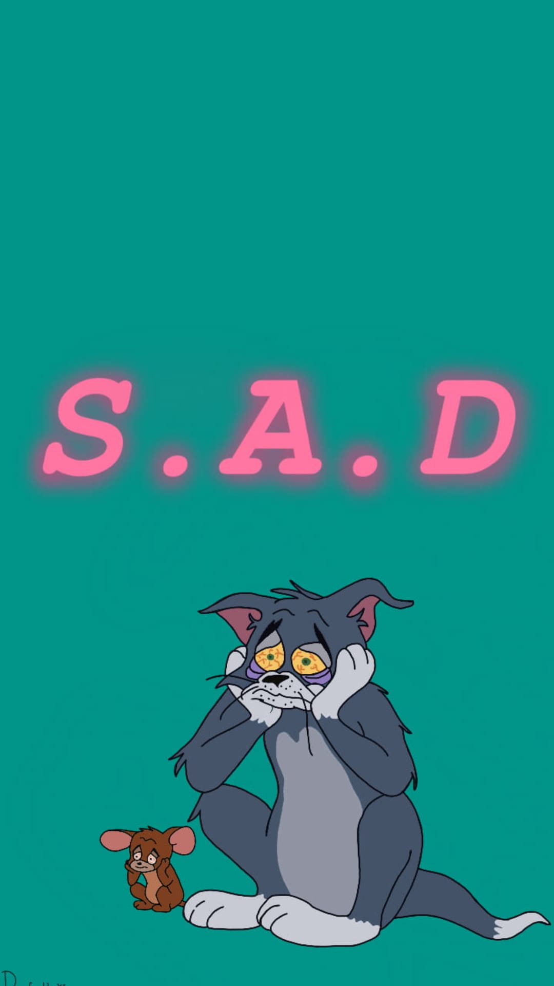 Tom and Jerry sit slumped together beneath glowing pink neon S.A.D. letters against a solid teal backdrop.