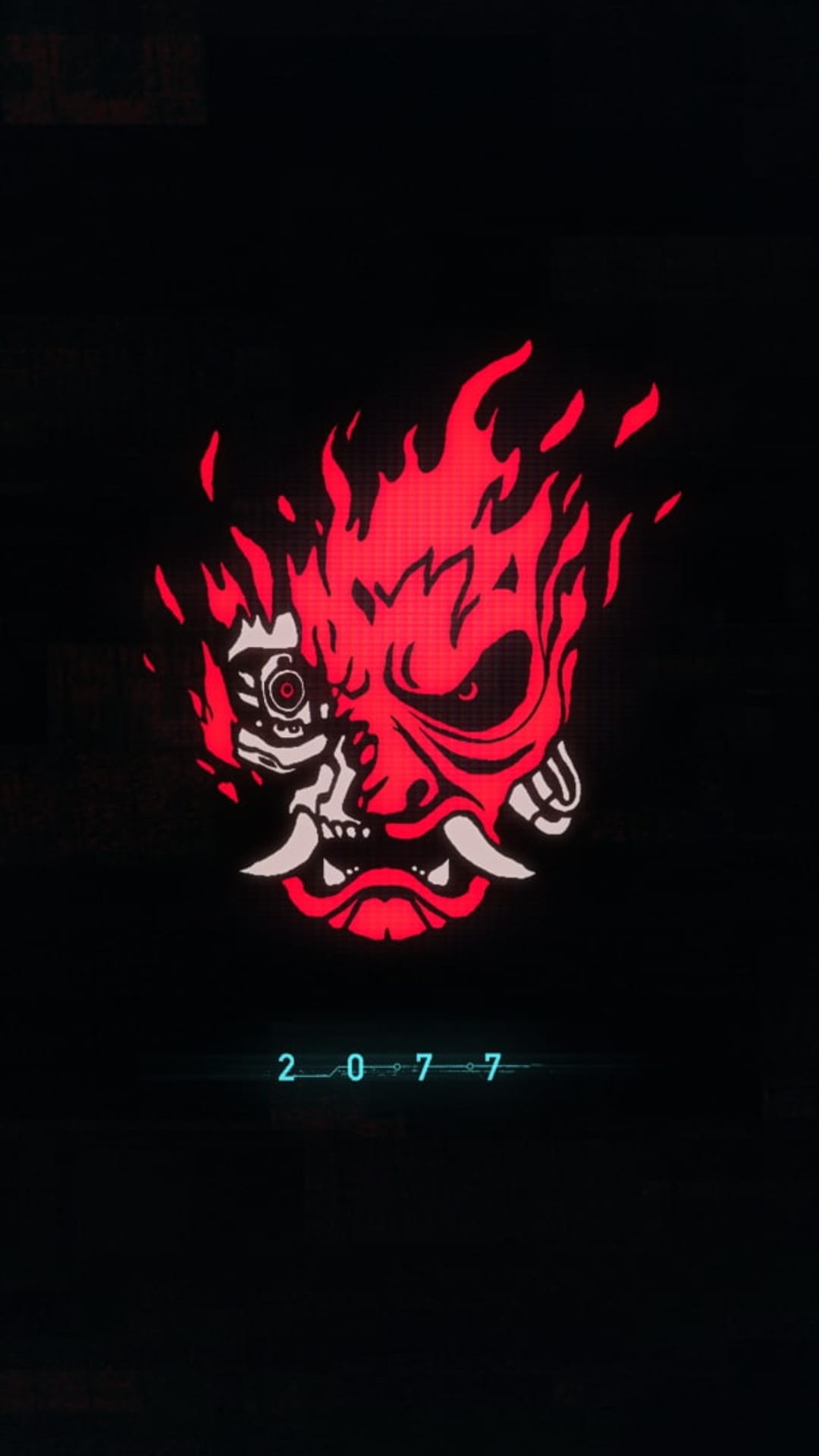 Red samurai mask with a glowing blue eye and flame-like edges above blue 2077 text on a black background.
