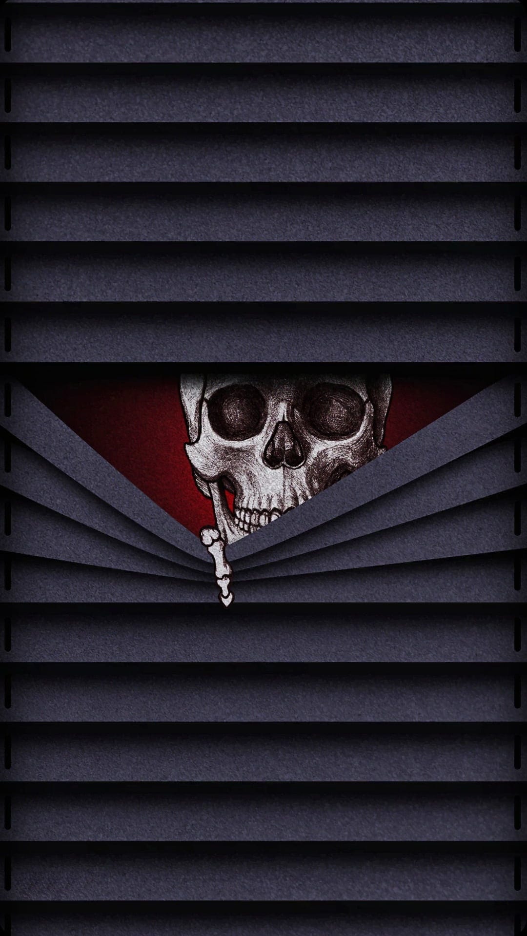 Human skull peeking through dark horizontal blinds with a skeletal finger and an ominous deep red background glow.