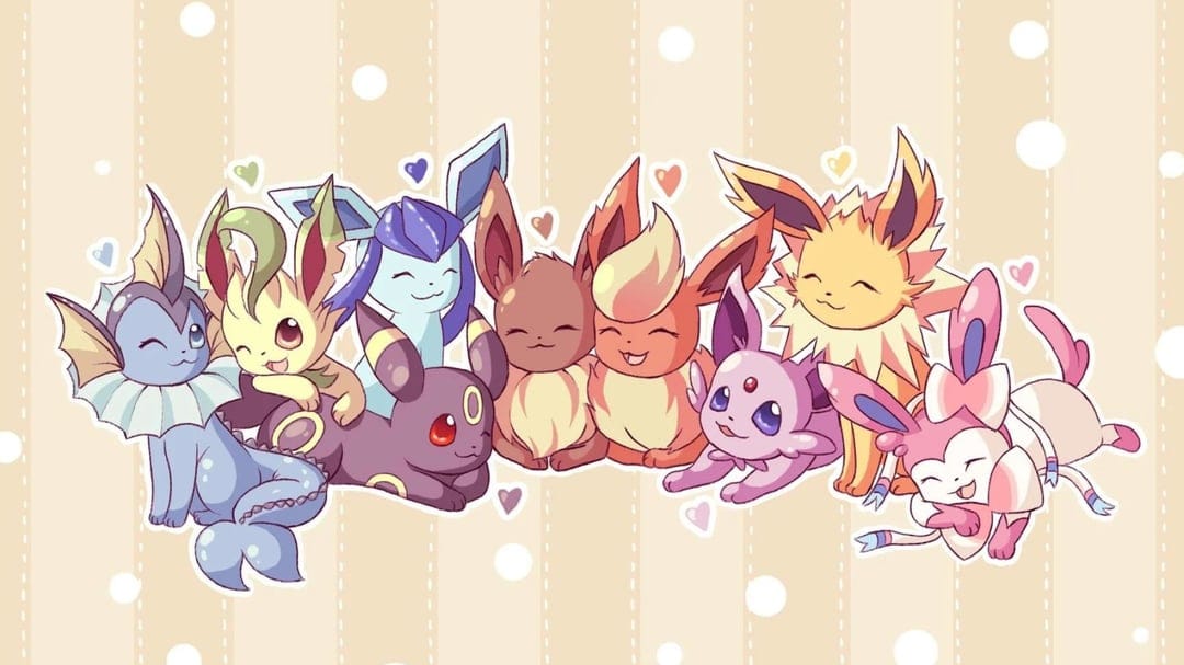 Eevee and its eight evolutions gathered together in a cute chibi art style on a cream striped background.