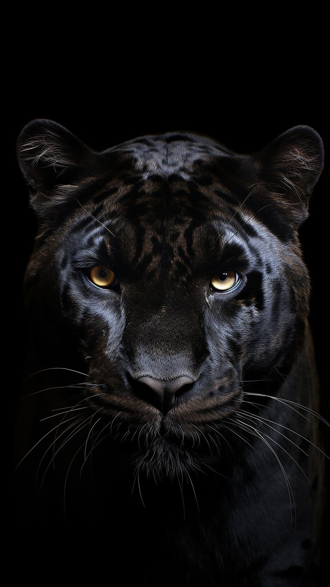 Black panther with glowing yellow eyes stares forward from deep shadows, highlighting sleek facial details.