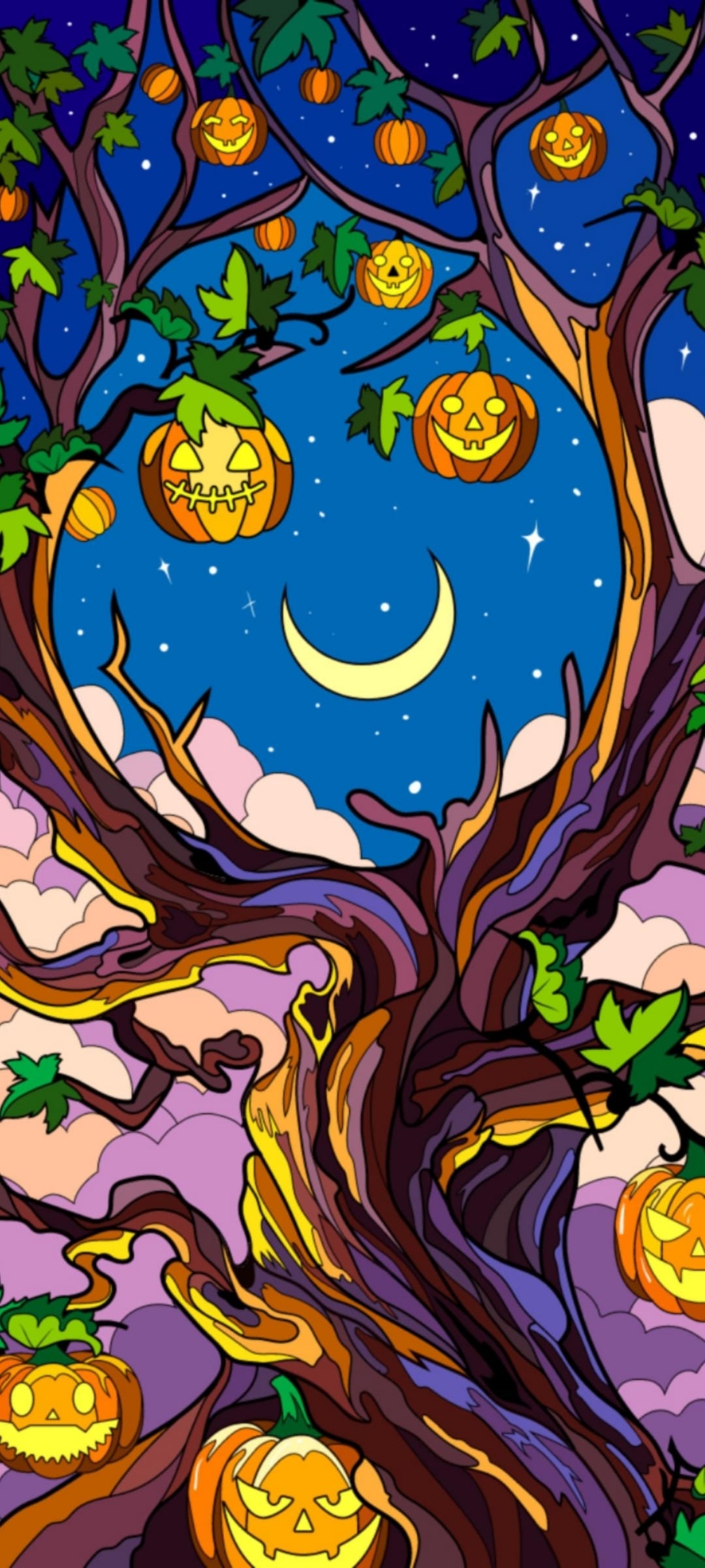 Glowing jack-o'-lanterns hang from a gnarled tree under a crescent moon and starry blue sky on a spooky night.
