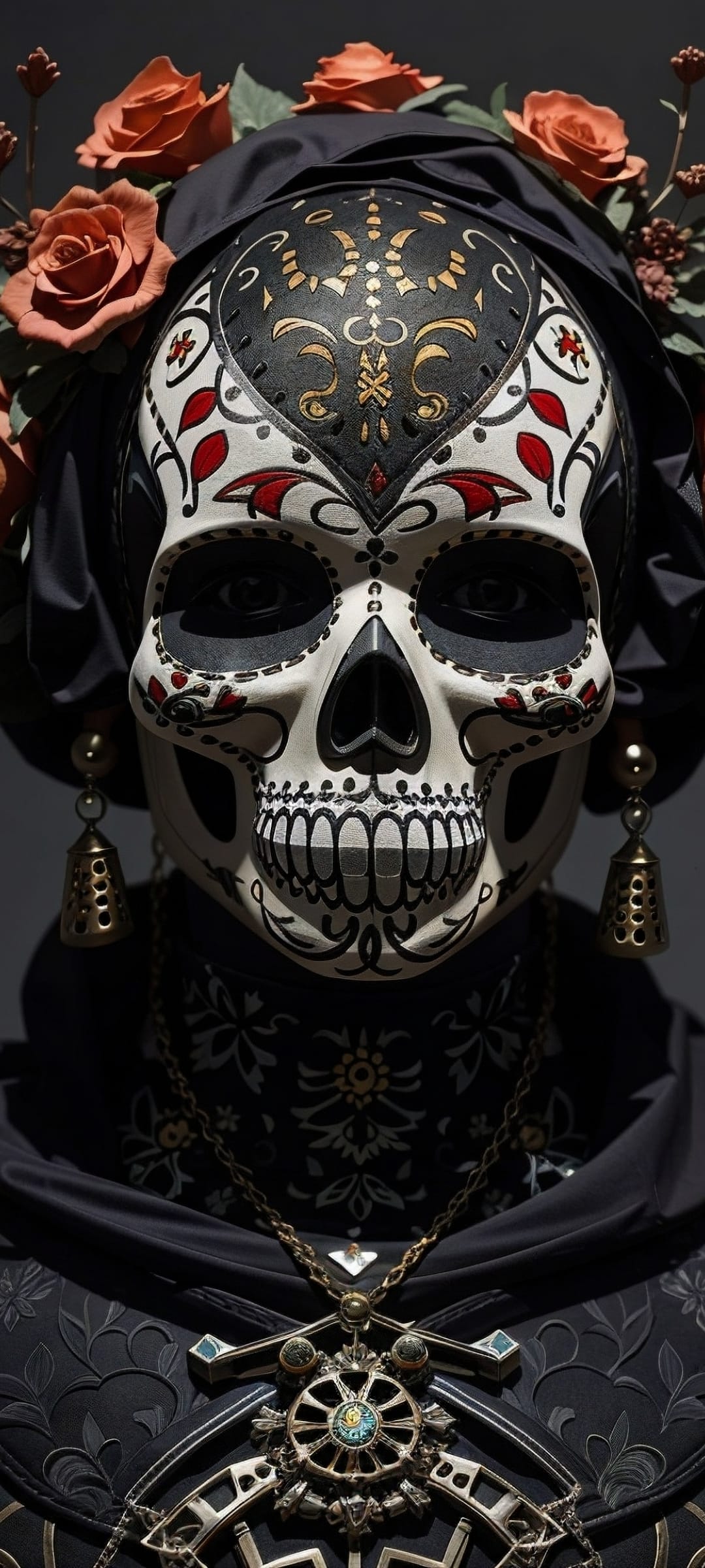 Sugar skull mask featuring red patterns, orange rose headdress, and gold necklaces against a dark background.