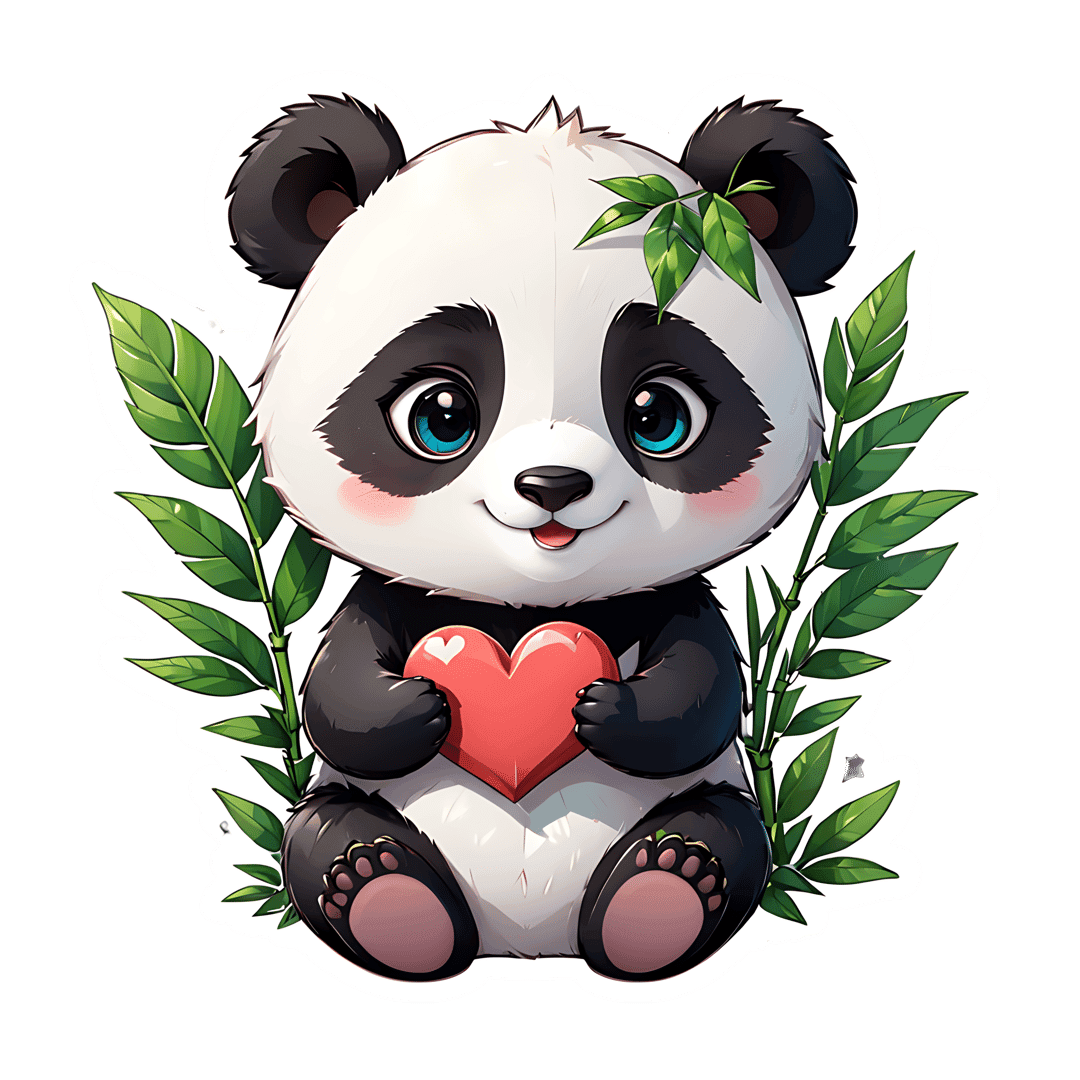 Panda sticker holding red heart amidst green bamboo leaves featuring black white fur and expressive blue eyes.
