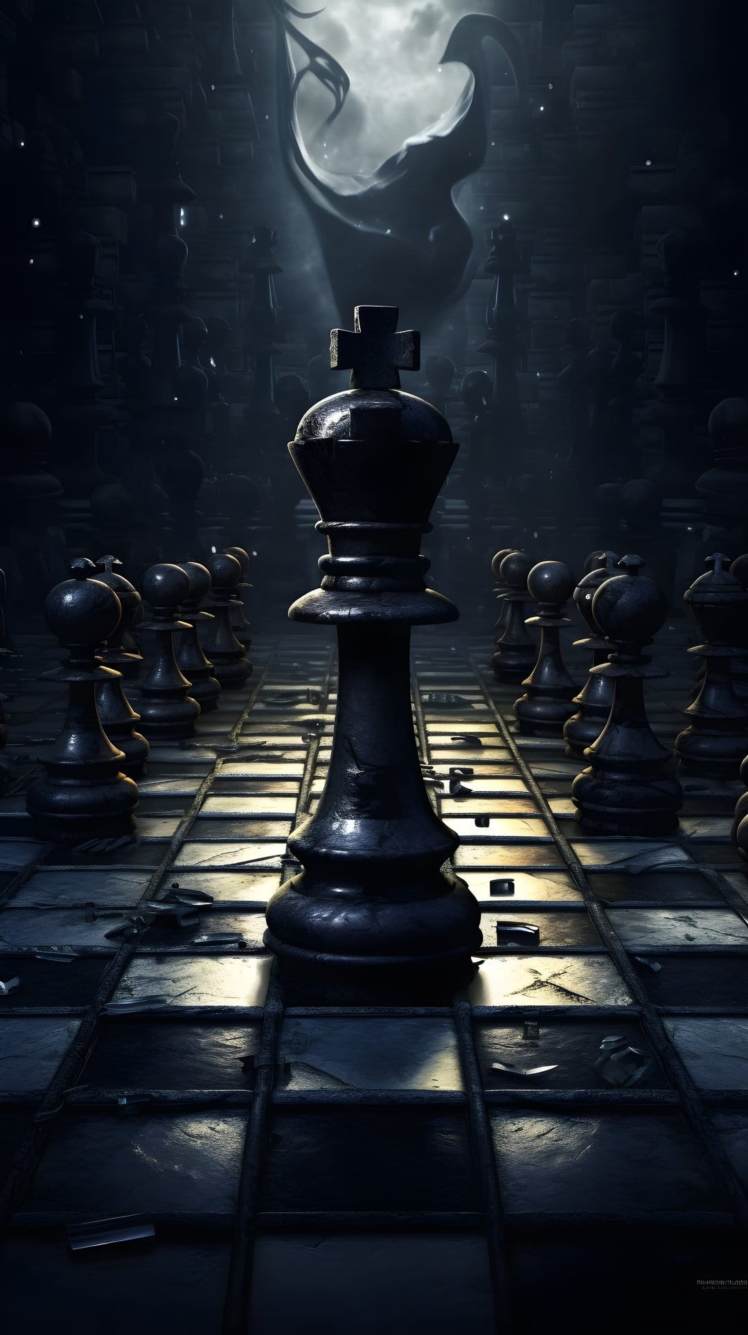 Black chess king on a cracked board before gothic spires and a swirling sky in a dark fantasy setting.