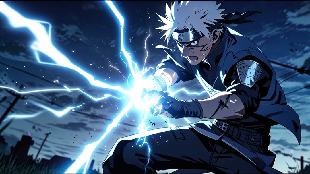 Naruto Uzumaki lunges forward while holding a glowing blue lightning bolt against a dark, spark-filled night sky.