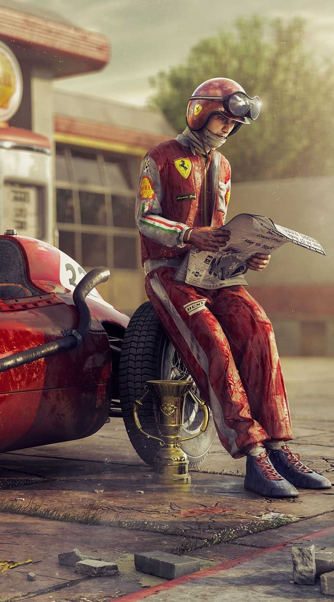 Racing driver in a red suit reads a newspaper next to a gold trophy and classic car at a vintage gas station.