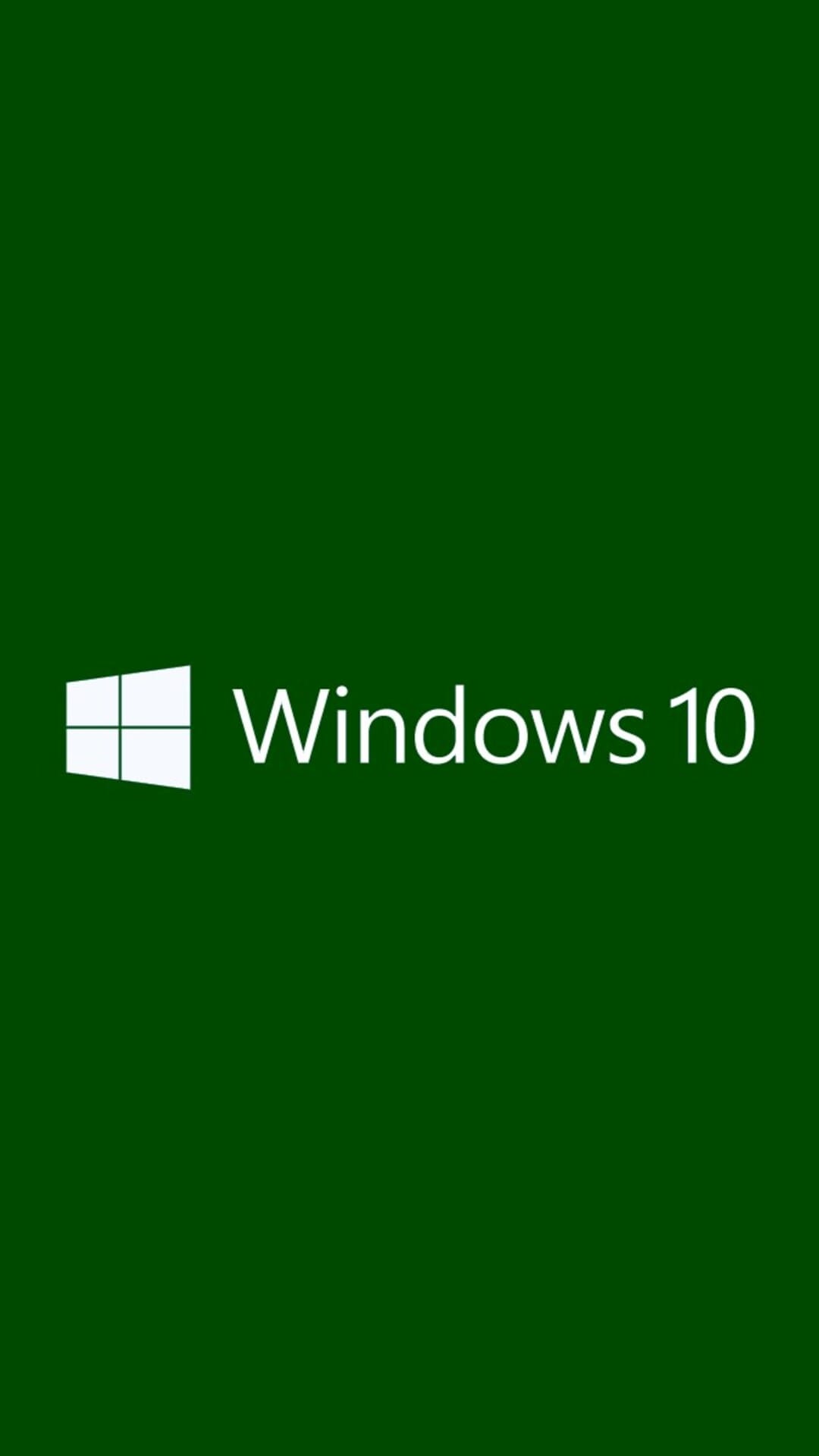 Windows 10 logo and white text centered horizontally on a solid, saturated green portrait background.