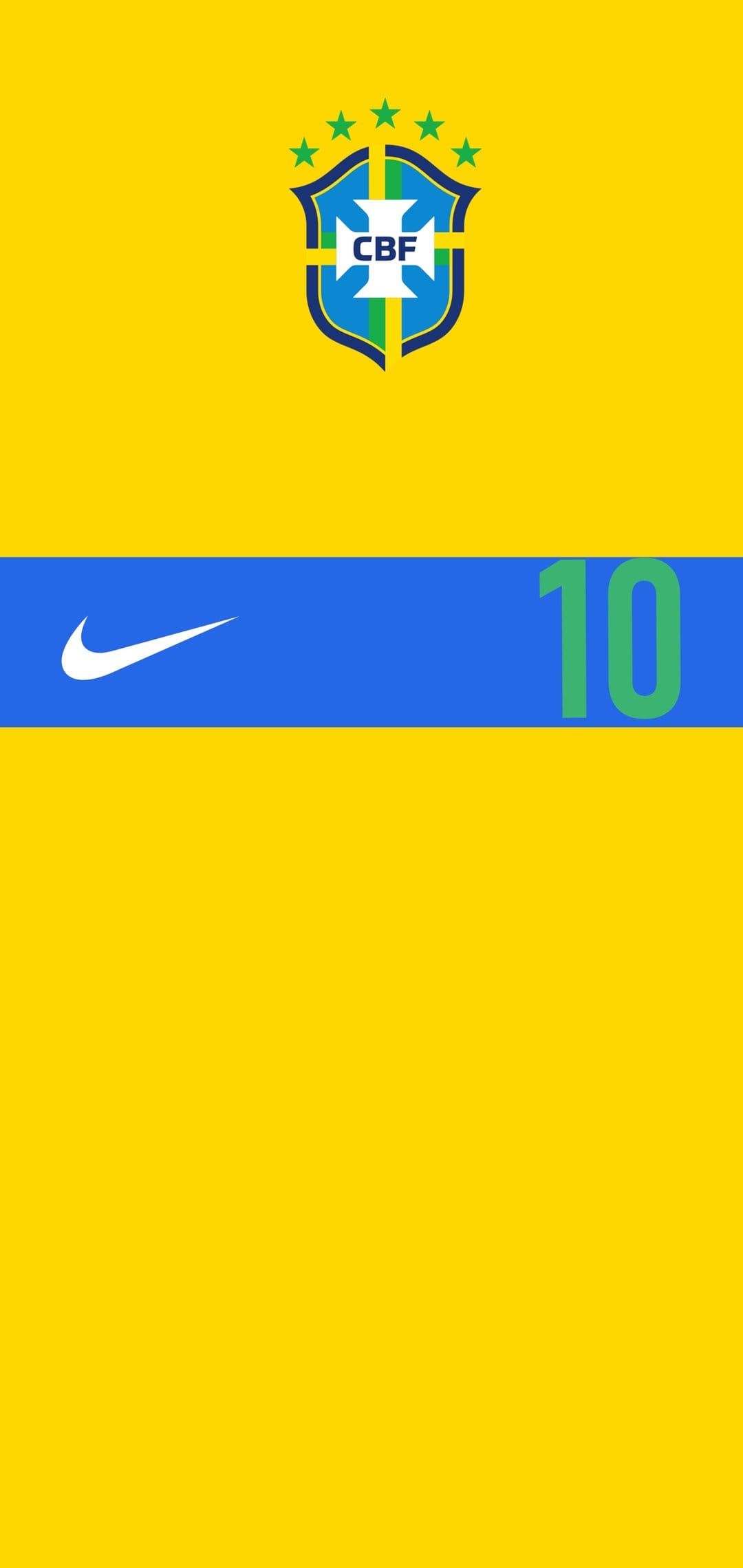 Yellow Brazilian football jersey featuring the CBF crest, green number 10, and a blue stripe accent.