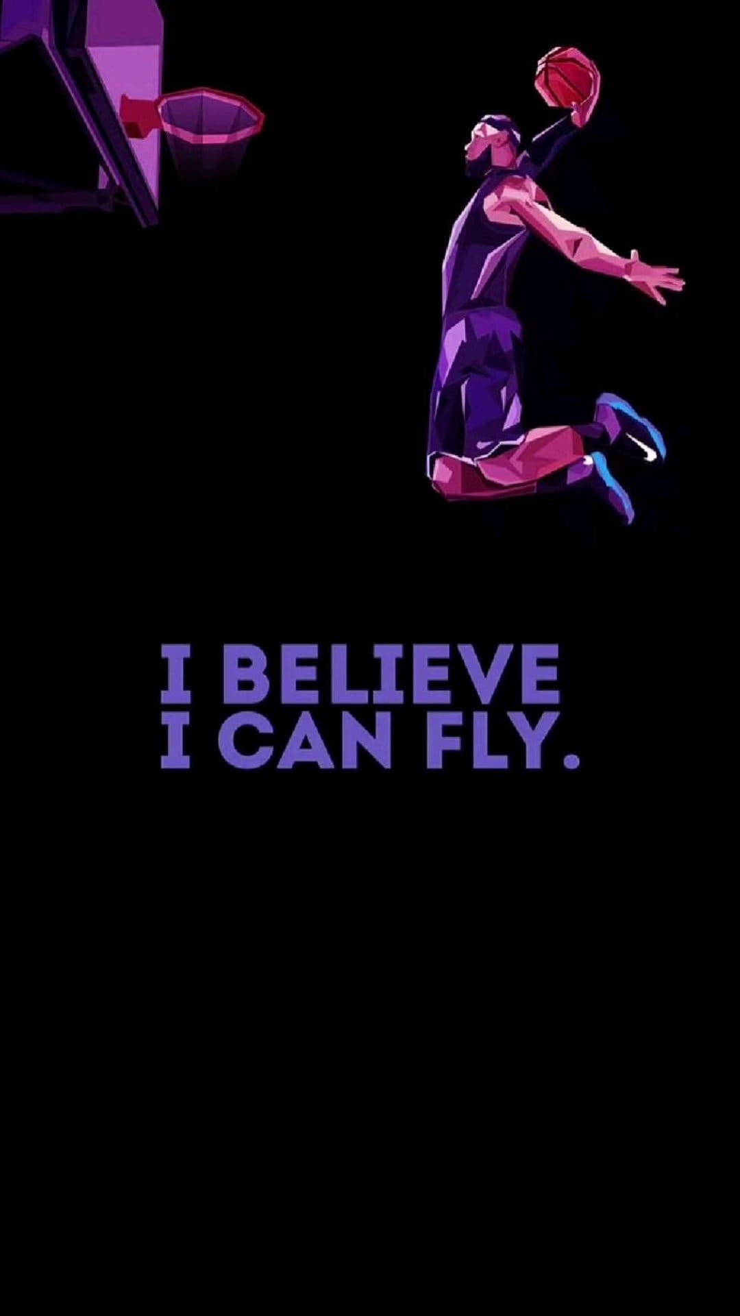 LeBron James leaps toward a basketball hoop with a purple quote reading I Believe I Can Fly on a dark background.