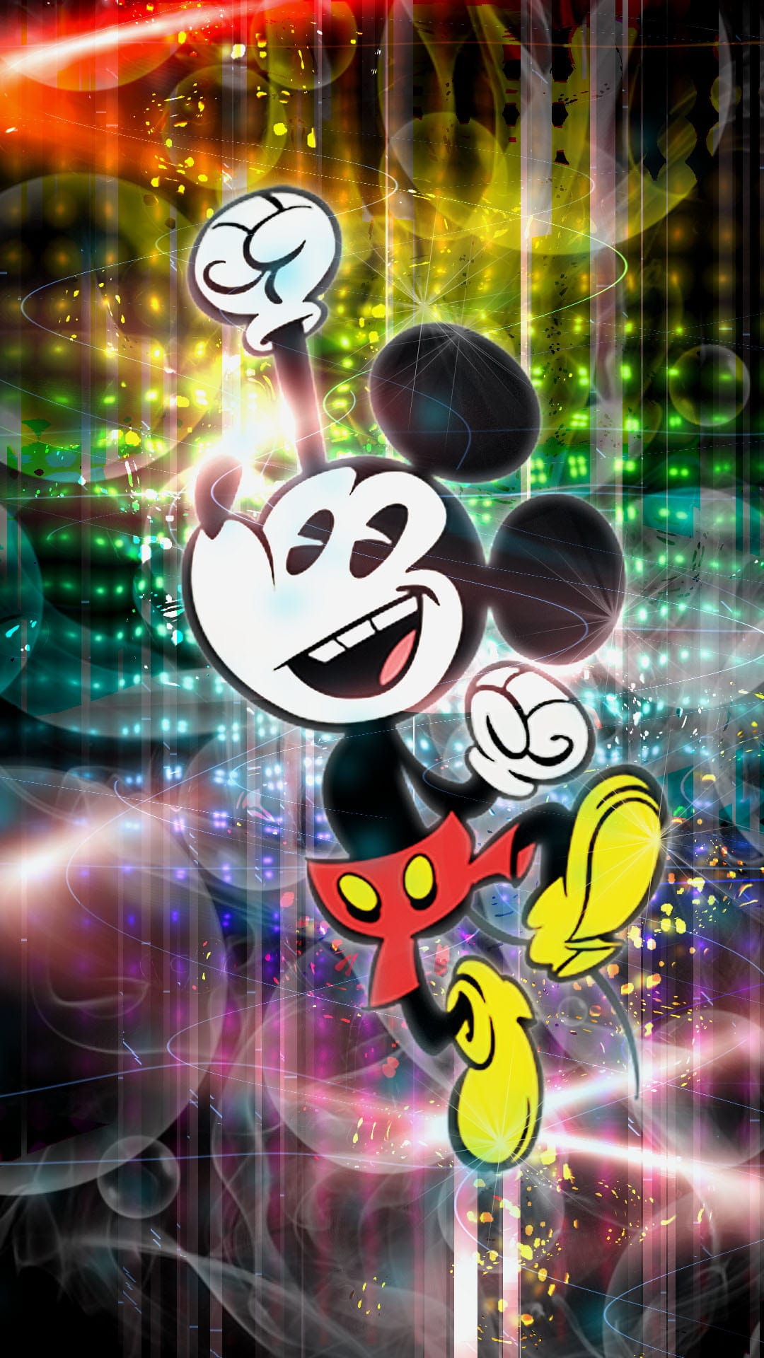 Mickey Mouse dancing with open arms amidst glowing neon lines, digital grids, and vibrant electric light effects.