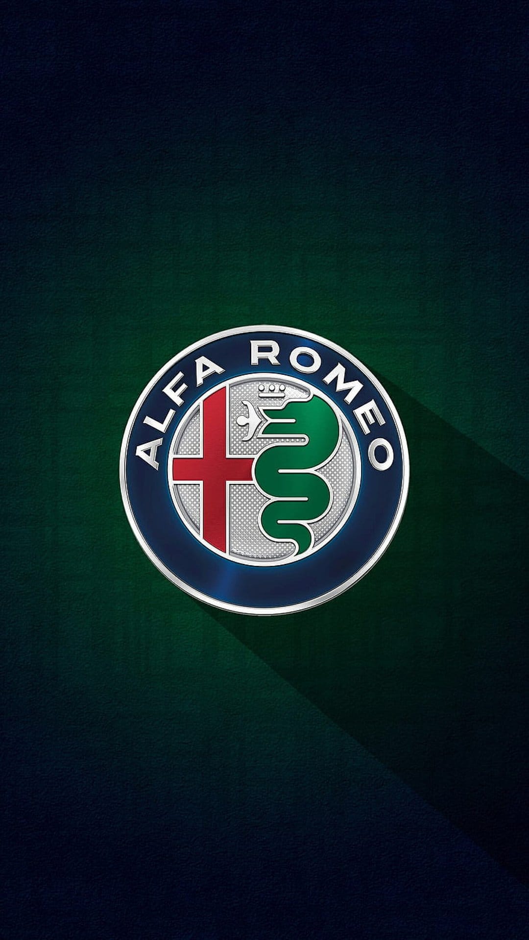 Alfa Romeo logo with a red cross and green snake on a dark green textured surface with subtle metallic highlights.
