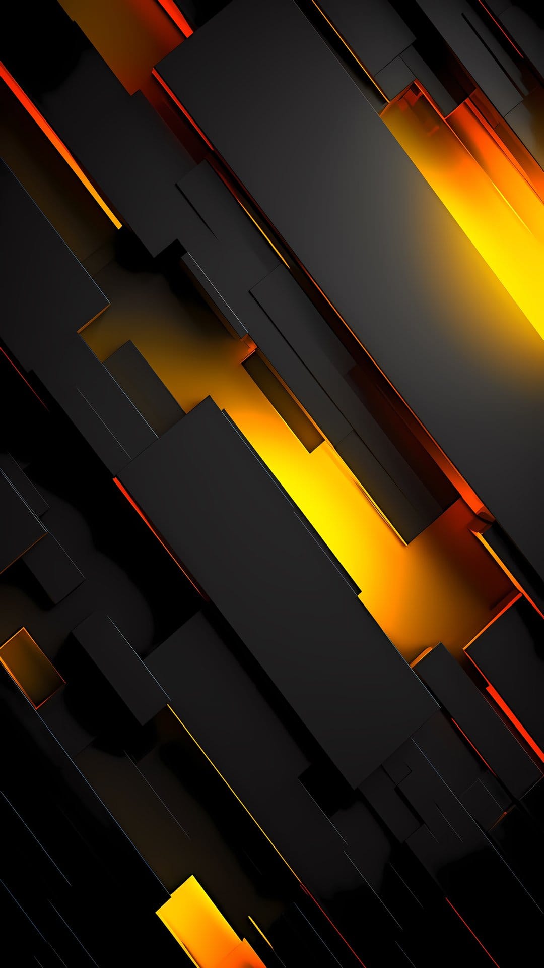 Layered black geometric plates feature glowing orange light edges and deep shadows in a vertical orientation.