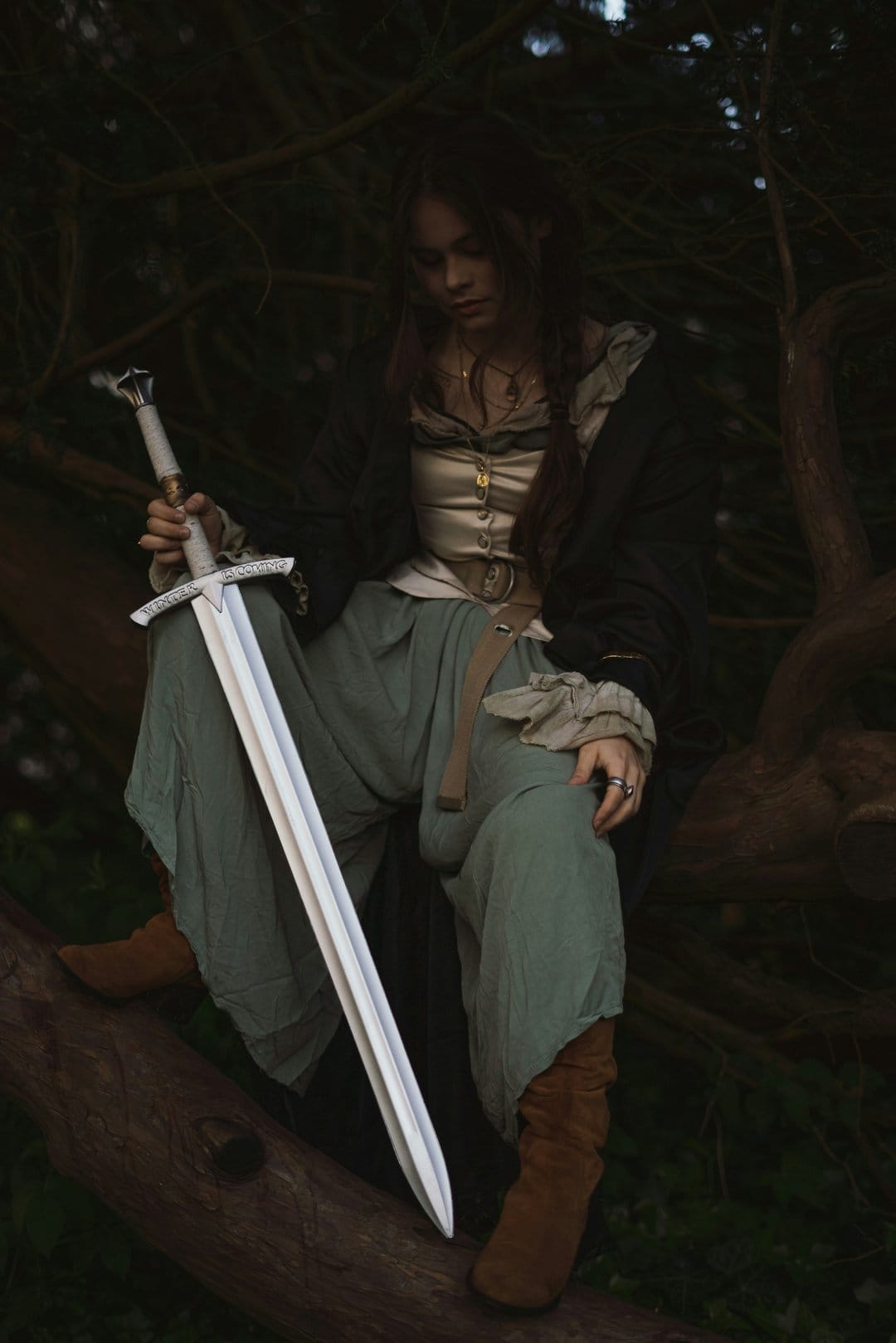 Woman in historical attire sits on a mossy branch holding a long sword within a dark, cinematic forest setting.