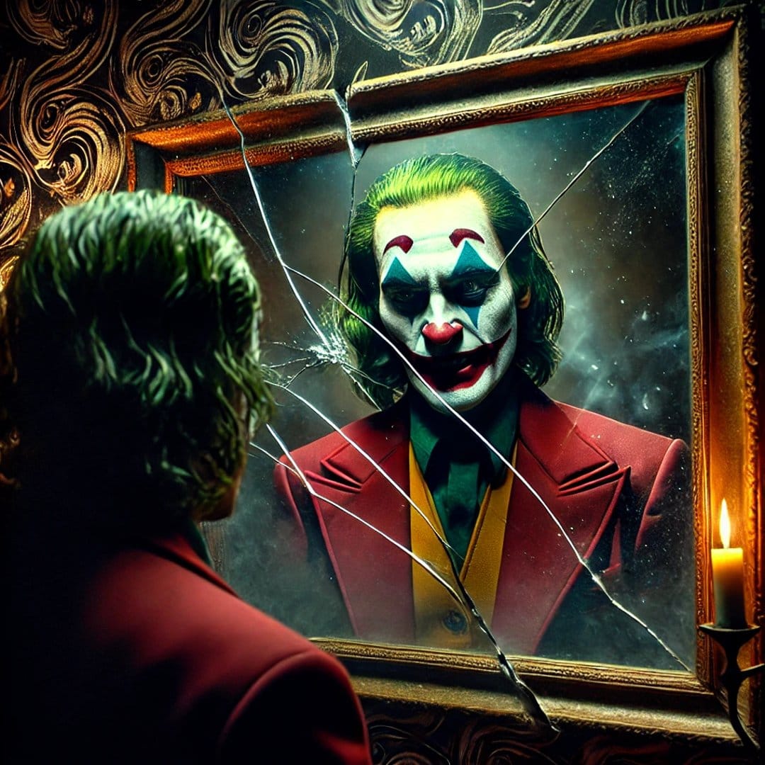 Joker in red suit reflected in cracked mirror with a burning candle flame, creating a dark, eerie atmosphere.