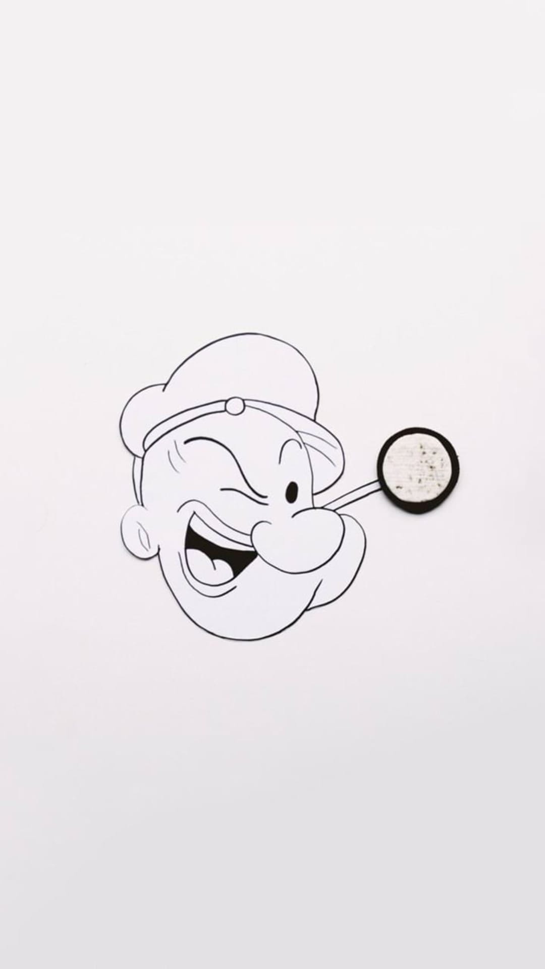 Popeye the Sailor Man winking and smiling with a corncob pipe in his mouth on a solid white background.