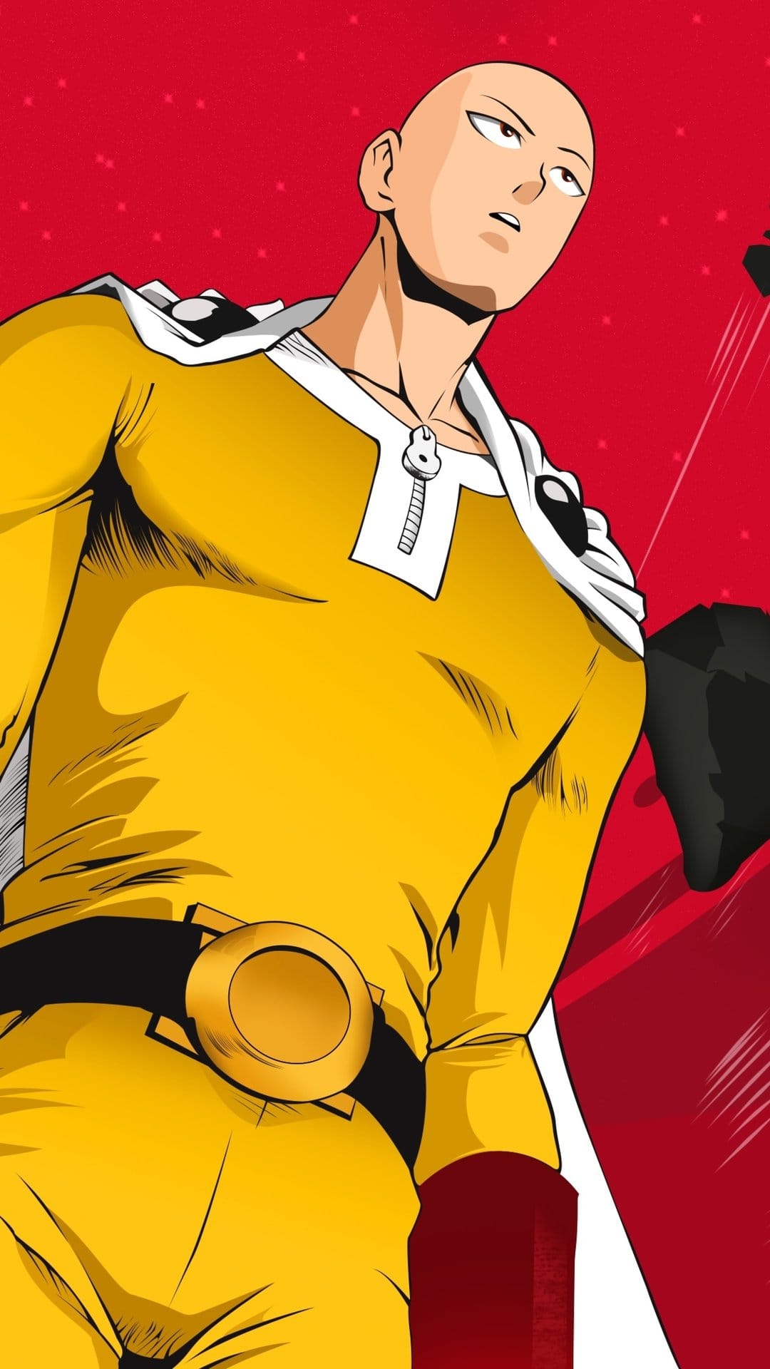 Saitama wearing a yellow suit and white cape looks upward with a serious expression against a red background.