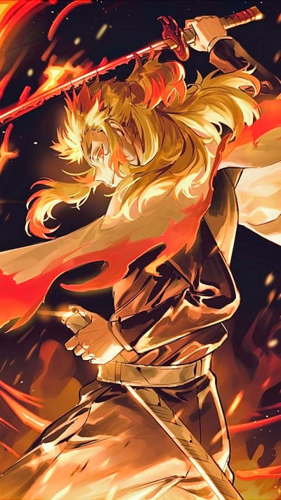 demon slayer,rengoku,fire,blade,black background,anime,art