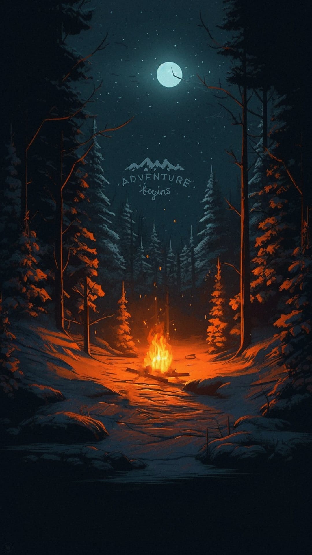 Glowing campfire in a snowy forest under a full moon and starry sky with Adventure begins text and mountains.