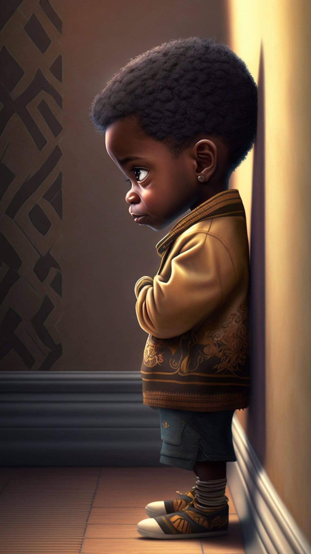 Young Black child with crossed arms leans against a geometric wall wearing a patterned gold jacket and sneakers.