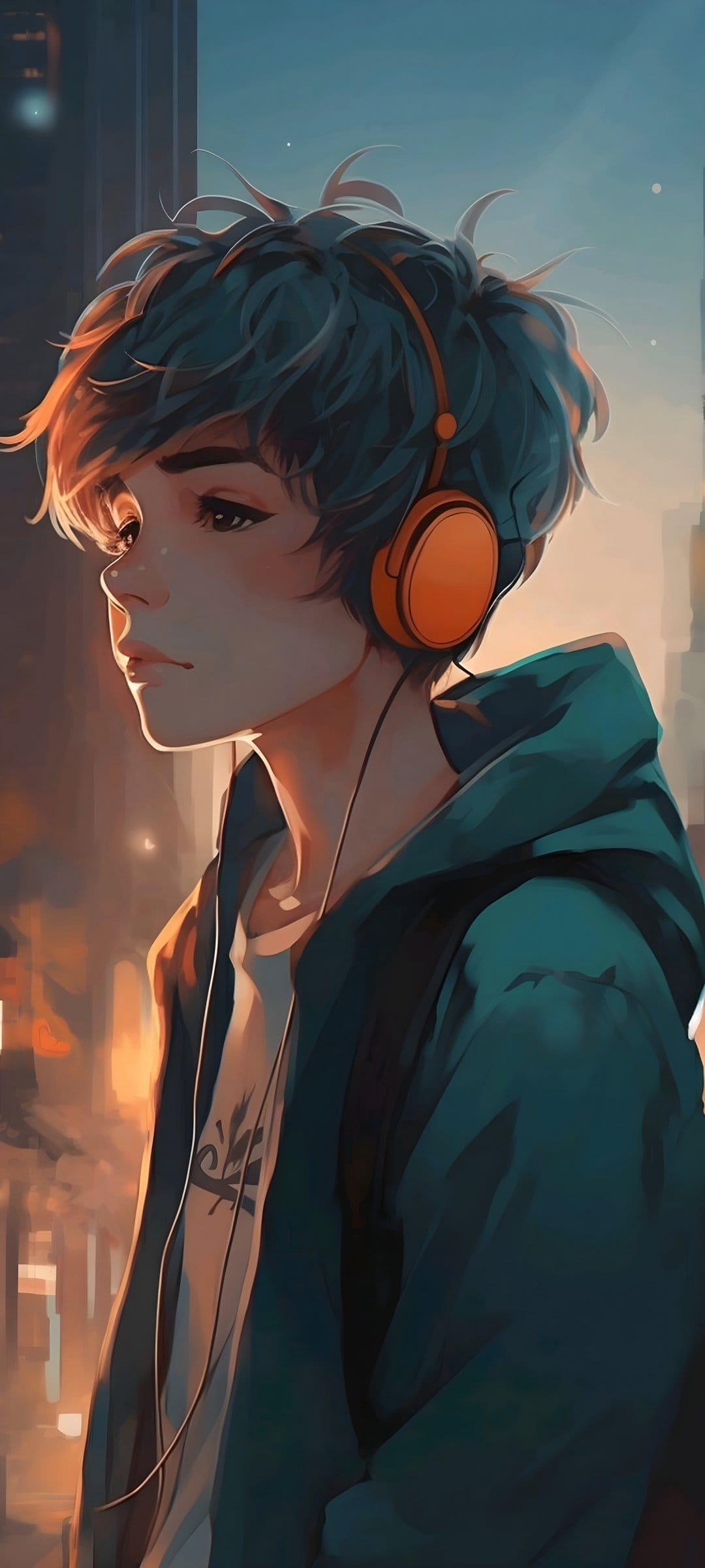 Teen boy with messy hair and orange headphones looks at a golden city skyline during sunset on a phone screen.