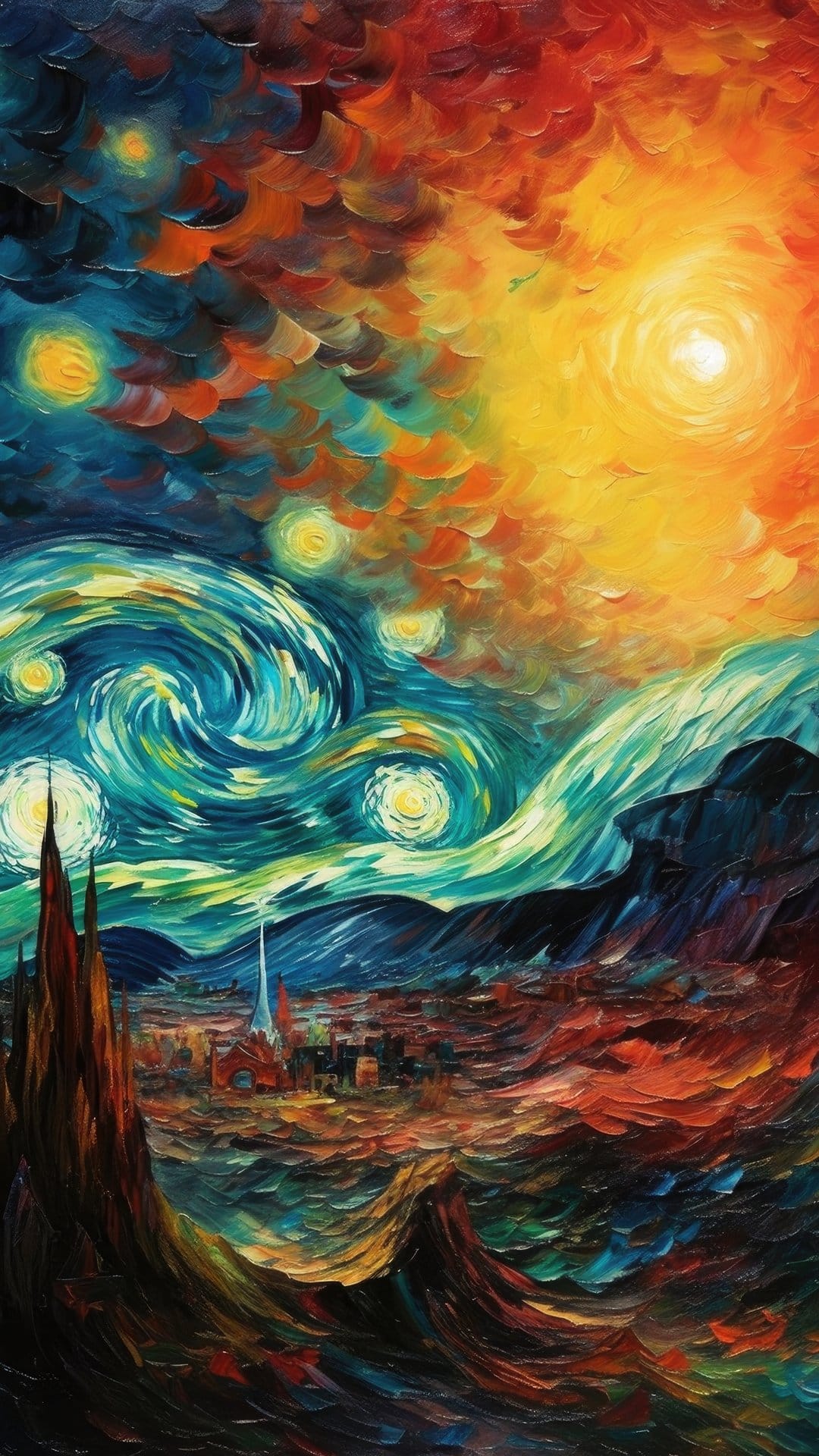 Luminous yellow celestial swirls and a bright crescent moon glow over a dark blue valley with distant buildings.