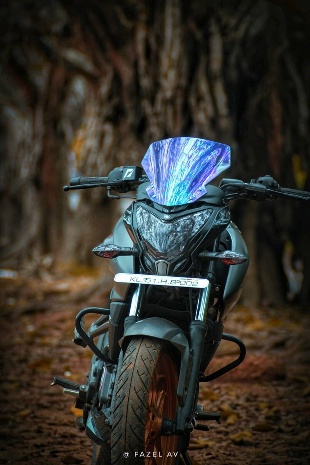 Dark custom motorcycle with a vibrant blue windshield stands before a soft bokeh background of forest trees.
