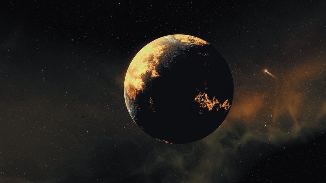Molten orange planet glowing against dark space with a white comet and swirling amber nebulae in the background.