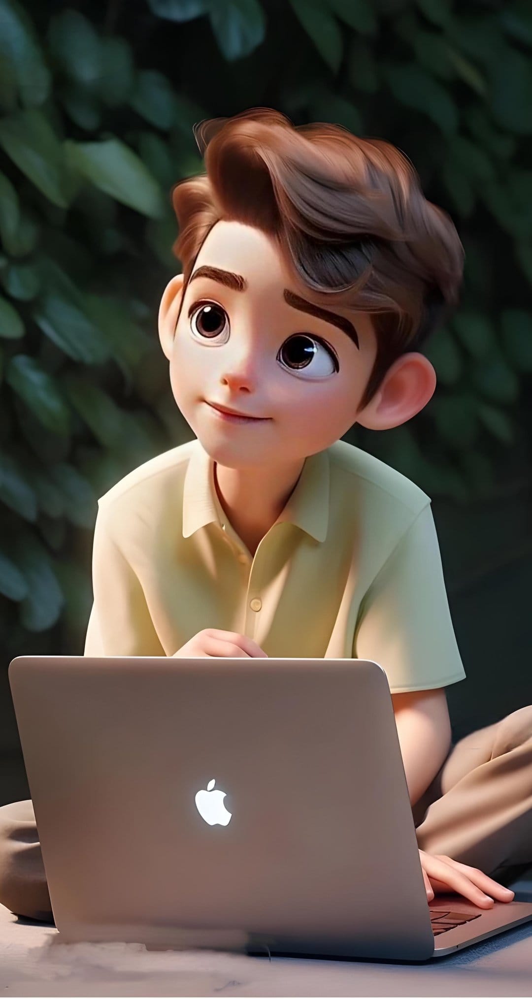 Young boy with brown hair and a yellow shirt sits with an open laptop surrounded by blurry green forest foliage.