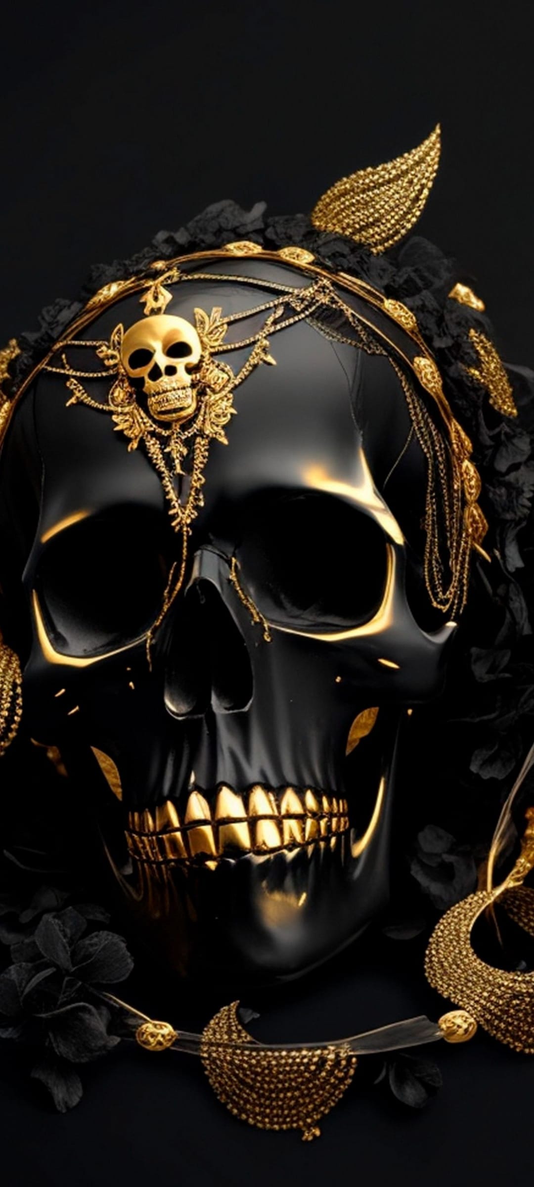 Black skull featuring gold-plated teeth, ornate golden chains, and floral jewelry against a dark background.