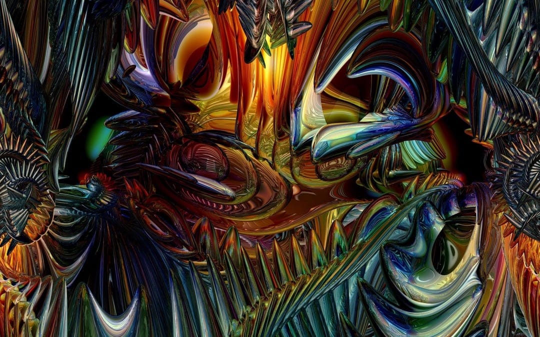 Intertwined glowing tubes and soft organic cellular shapes merge in a complex, vibrant abstract vertical composition.