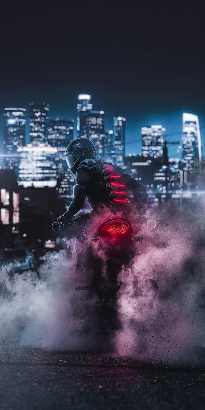 Burning wheel, back, bike, city motor, motorcycle, night, rear, smoke, mobile wallpaper, android wallpaper, iPhone wallpaper, phone wallpaper