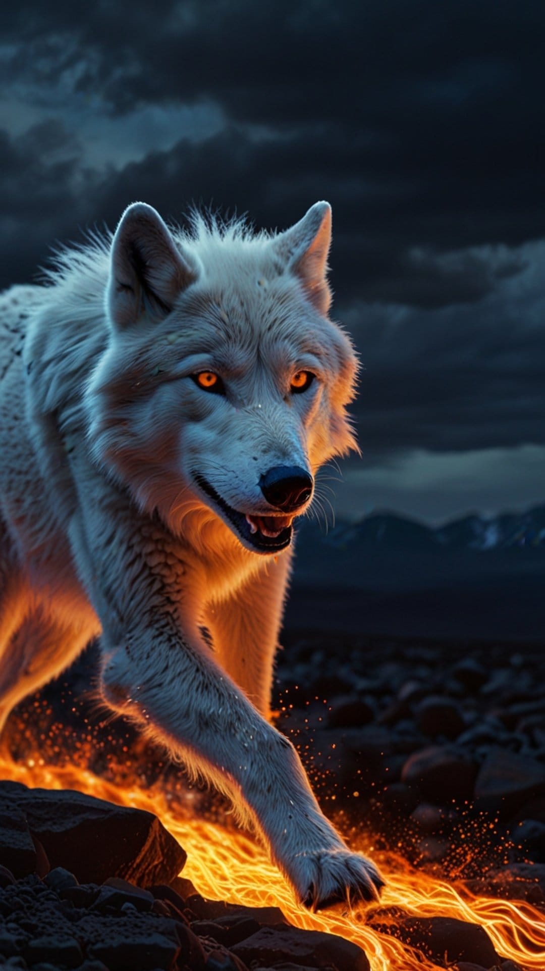 White wolf with glowing orange eyes walks across a cracked molten floor beneath a dark and stormy volcanic sky.
