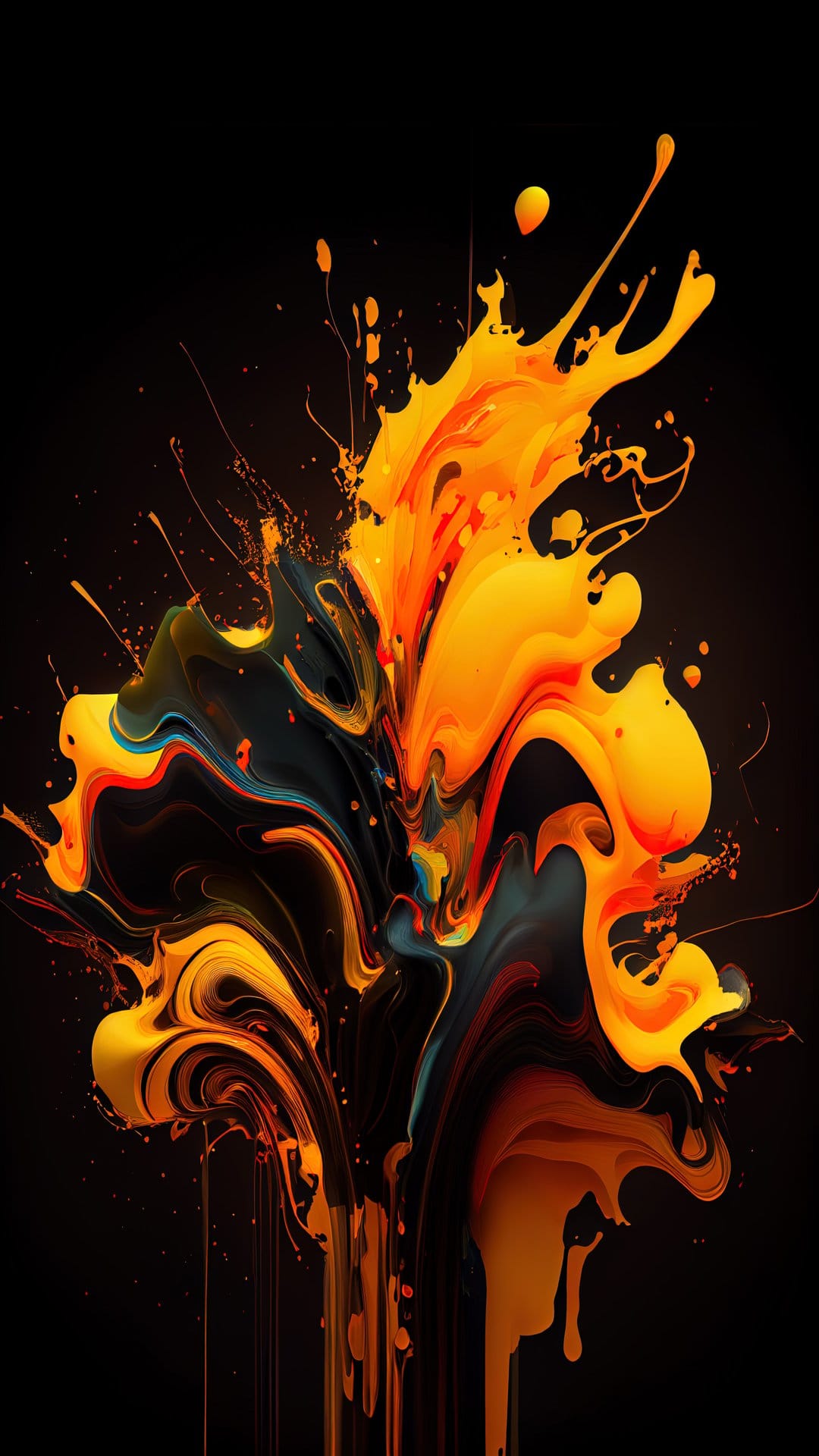 Orange and yellow ink splashes with fine droplets erupting against a solid black vertical background.
