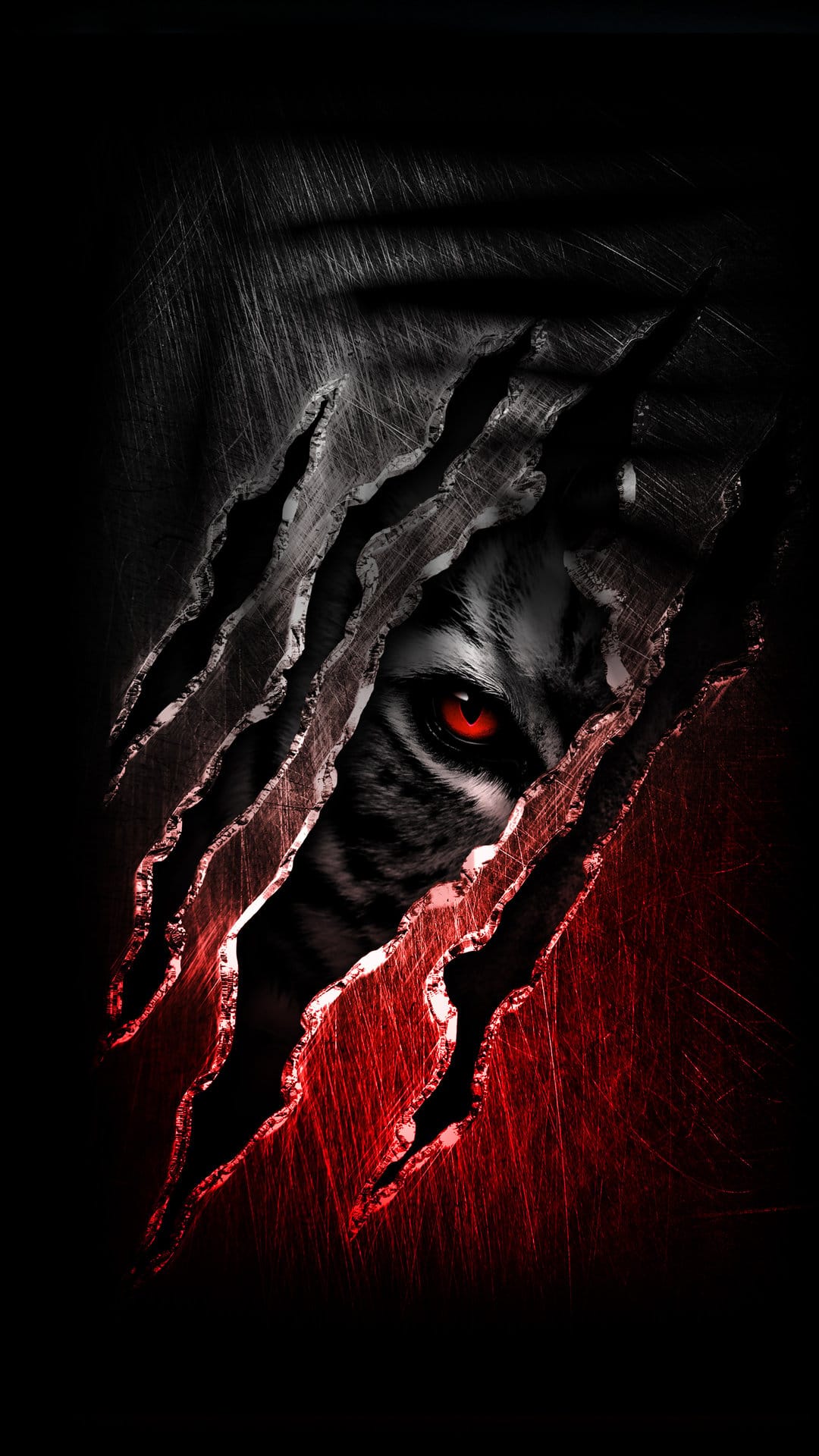 Red tiger eye peering through vertical claw marks on a dark, scratched surface with dramatic shadows.