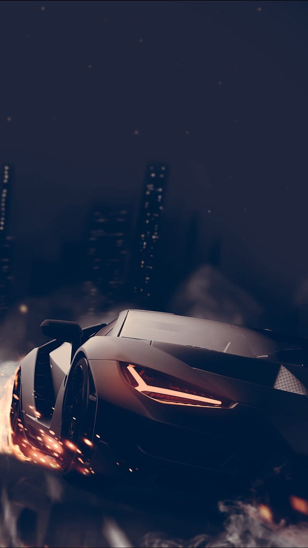 Futuristic sports car with orange headlights speeds through a dark city, emitting bright sparks from its wheels.