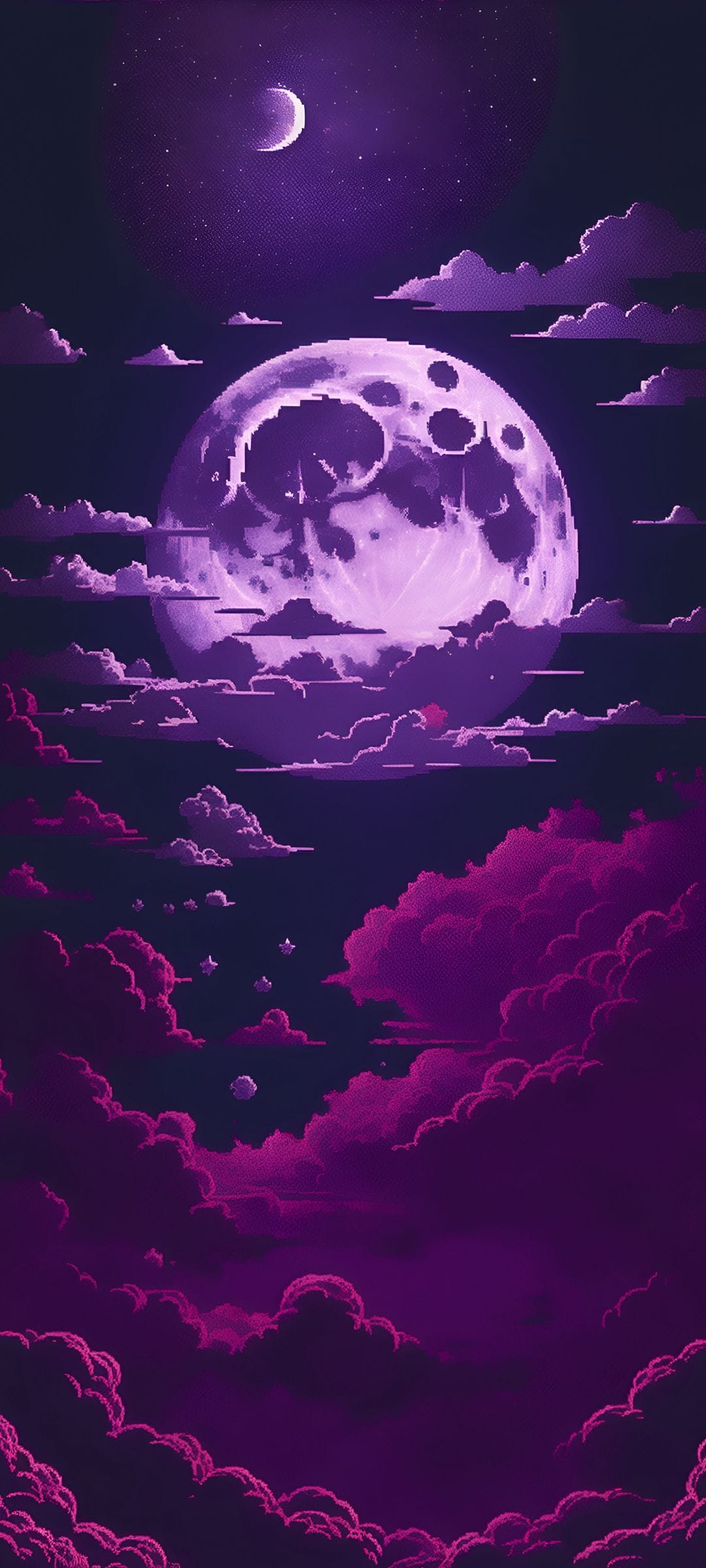 Large purple moon hangs above glowing pixelated clouds and a tiny crescent in a dark starry night sky.